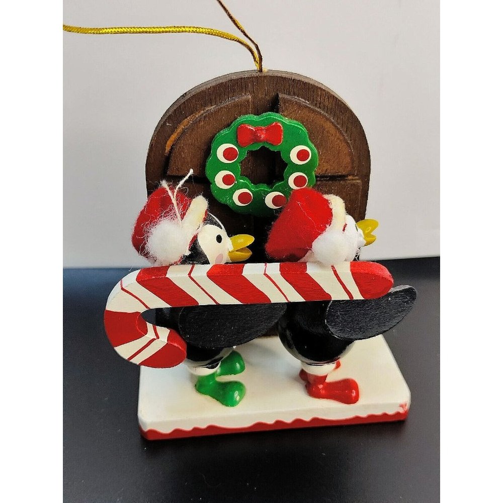 Christmas Collectable Vintage Wood Penguins & Candy Cone Ornament